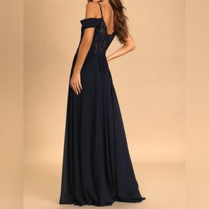Lulu's Spread the Romance Navy Blue Lace Off-the-Shoulder Maxi Dress Size Large